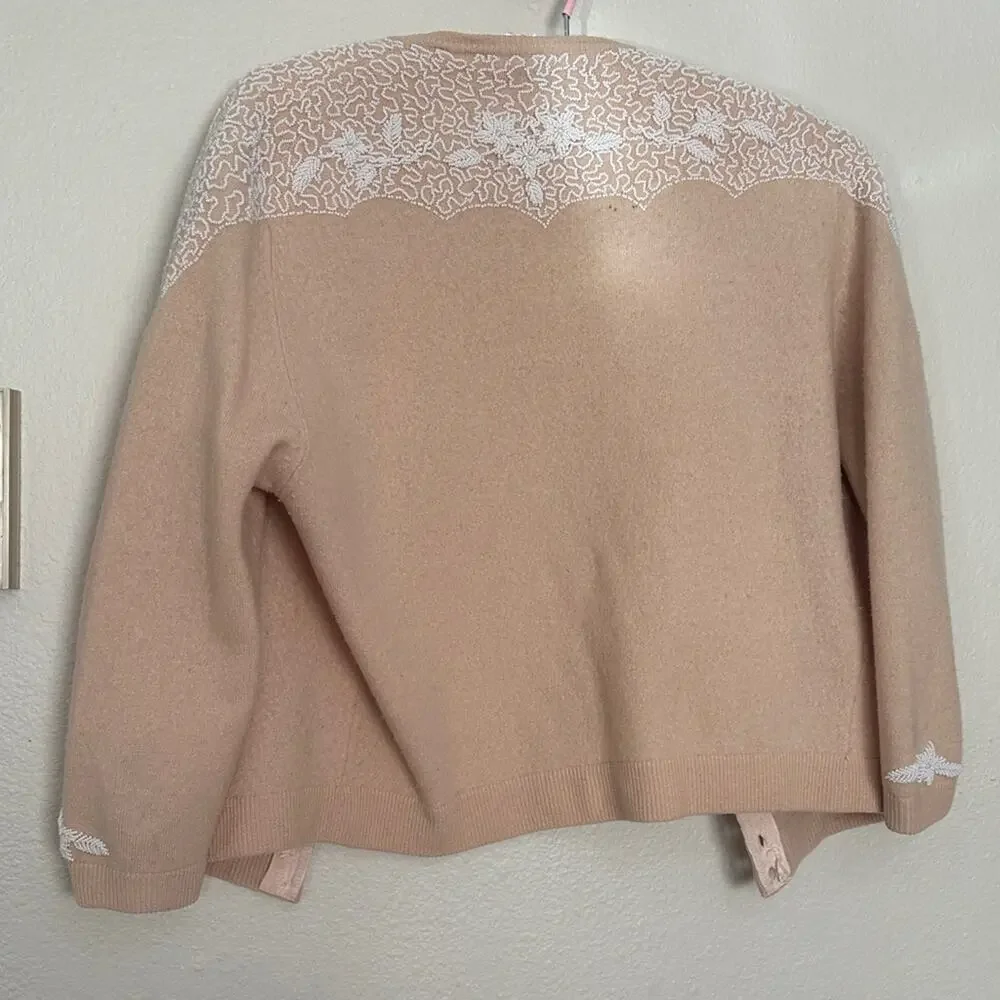 Vintage 50s 60s Chic Beige Women's Beaded Cardigan Pearl Button - Picture 7 of 8